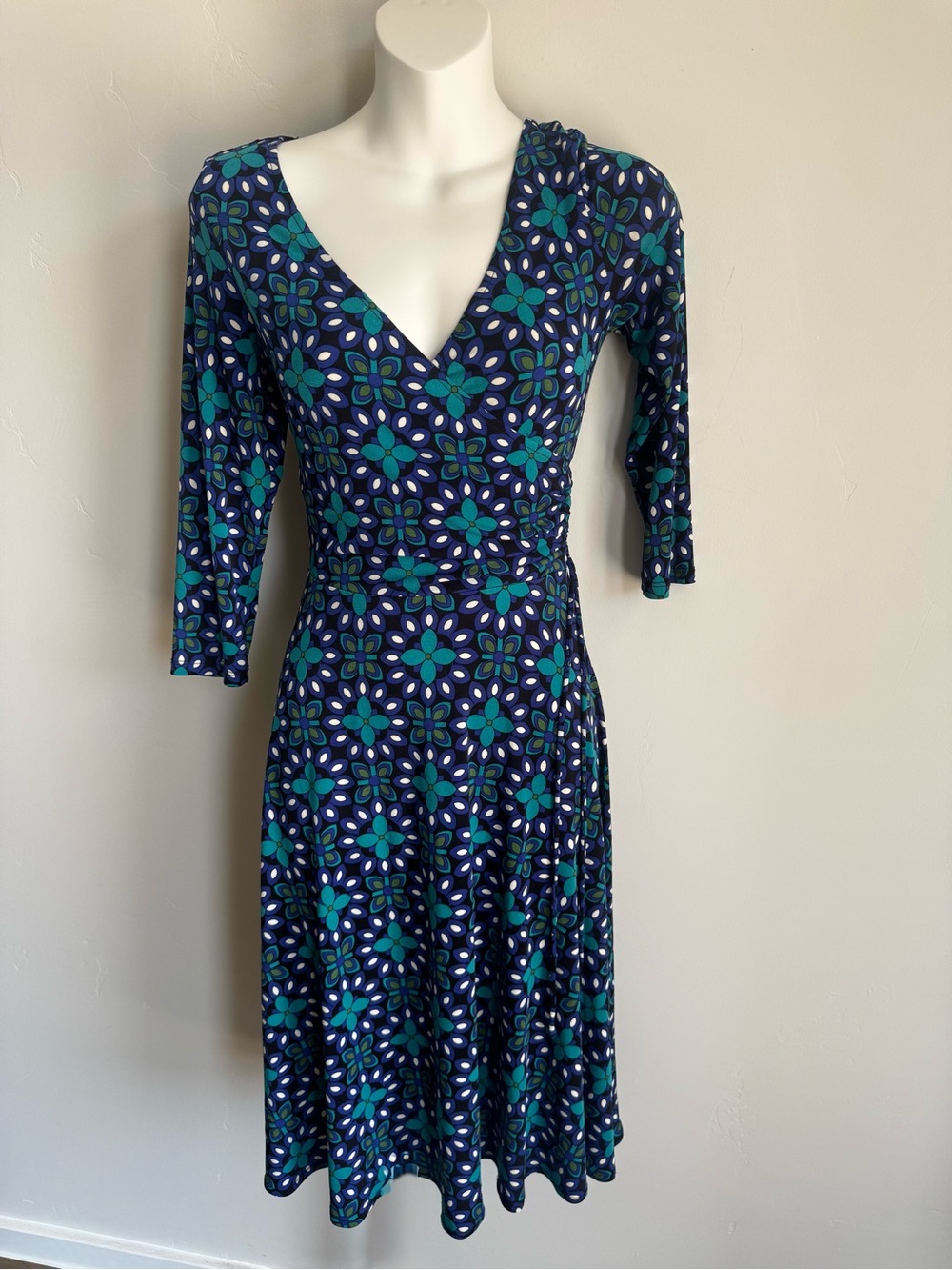 dressbarn Navy and Teal Floral Wrap-Style Midi Dress